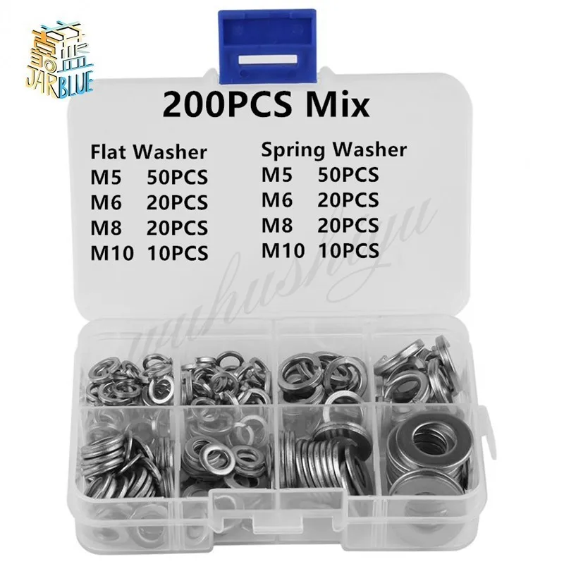 

200Pcs/set Stainless Steel Flat & Spring Washer Assortment Kit Set Lock Tools M5 M6 M8 M10 Fastener Hardware with Box