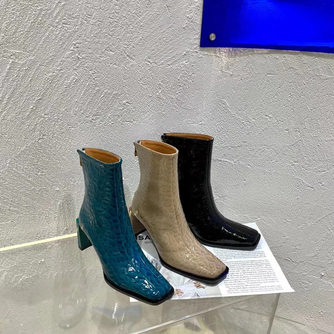 

Square Toe Woman Ankle Boots Patent Leather Thick High Heels Side Zipper Short Booties Black/Beige/Blue Winter Botas Martin Shoe