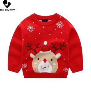 New Autumn Winter Kids Pullover Sweater Girls Cartoon Christmas Deer Jacquard O-neck Knitted Jumper Sweaters Tops Clothing