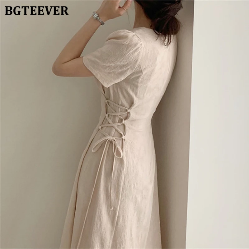 BGTEEVER Retro V-neck Slim Waist Women Dress Elegant Short Sleeve Lace Up Female 2020 Summer Floral Pattern Vestidos femme | Женская