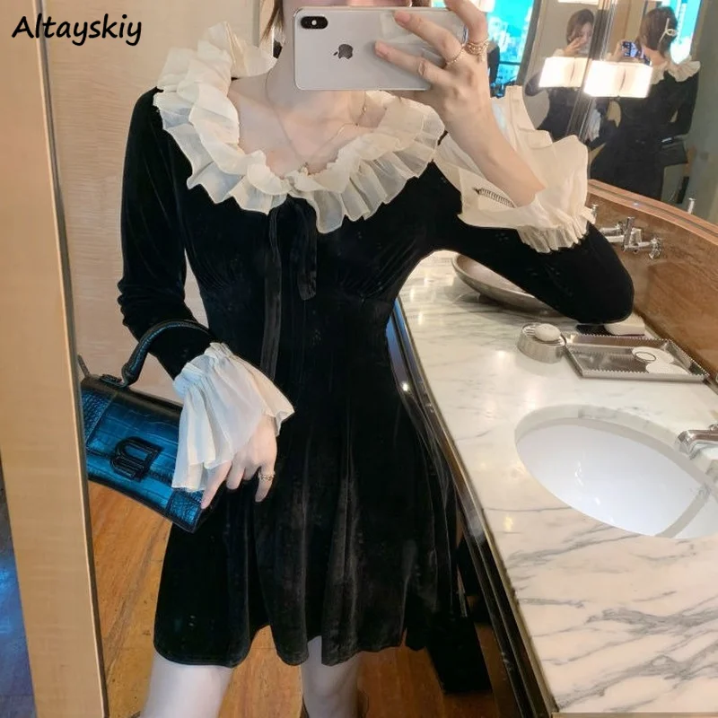 

Long Sleeve Dress Women Elegant Patchwork Empire Casual Breathable Ruffles All-match Harajuku Vintage Quality Korean Clothing BF