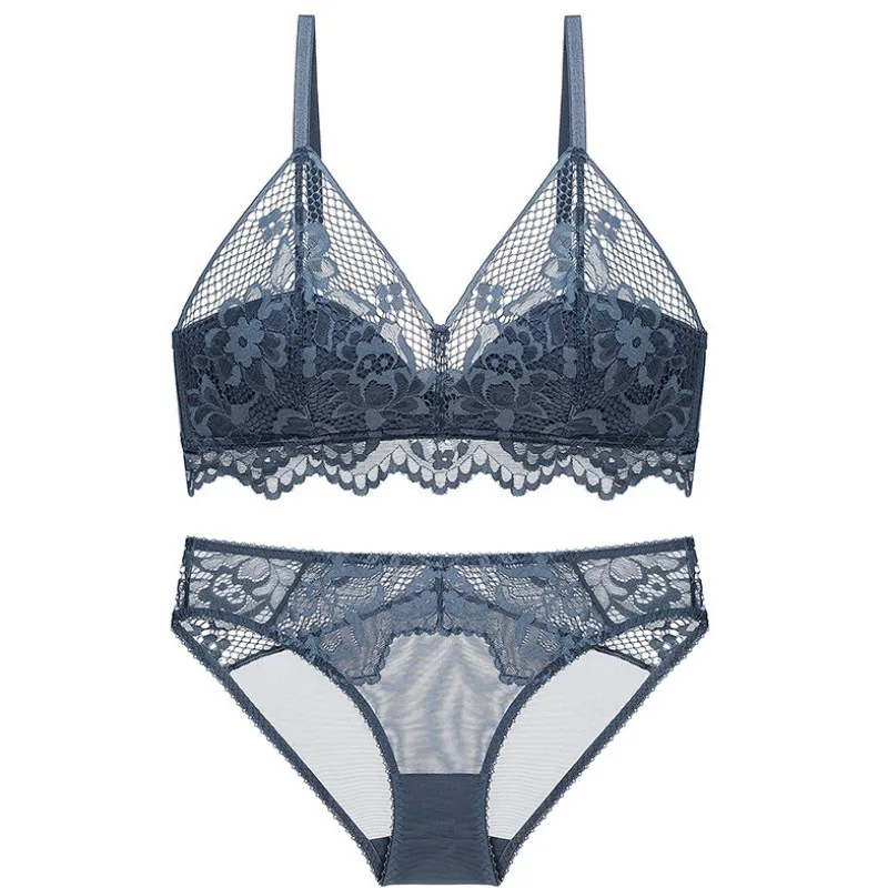 New Sexy Lace Little Chest Gathered Bra Cotton Comfortless Steel Ring Bra Teenager Triangle Cup Underwear Set