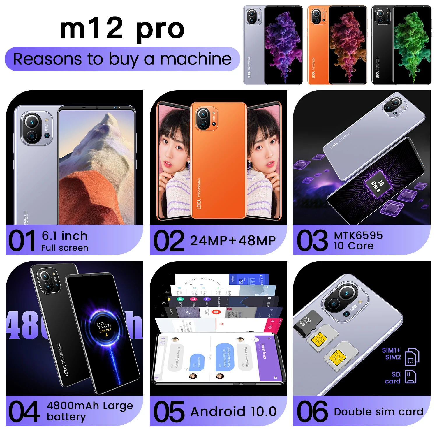 cheapest smartphone m12 pro 6 1 inch full hd screen 12g ram 512g rom smart phone android 10 deca core dual sim gps mobile phone free global shipping