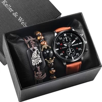 fashion watch gift set men brown quartz clock high quality leather band mens wrist bracelet anniversary gifts box for husband