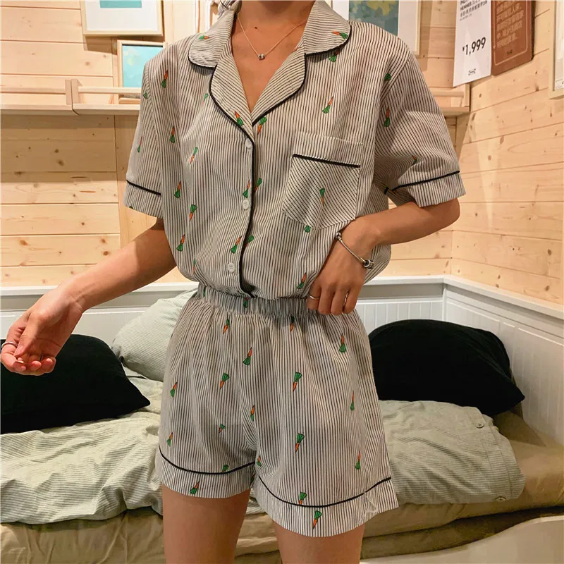 

Summer Soft Korean Homewear Sweet Carrot Print Pajama Set Girl Cotton Short Sleeve Women Stripe Pyjamas Home Suit 2pcs