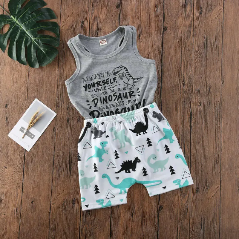 Наряды без рукавов для маленьких девочек жилет Dinasour футболка топы брюки шорты