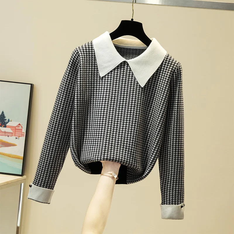 

Autumn/Winter Black knitwear Women Korean lapels Long Sleeve Pullover Topswomen's fashion retro soft knit sweater