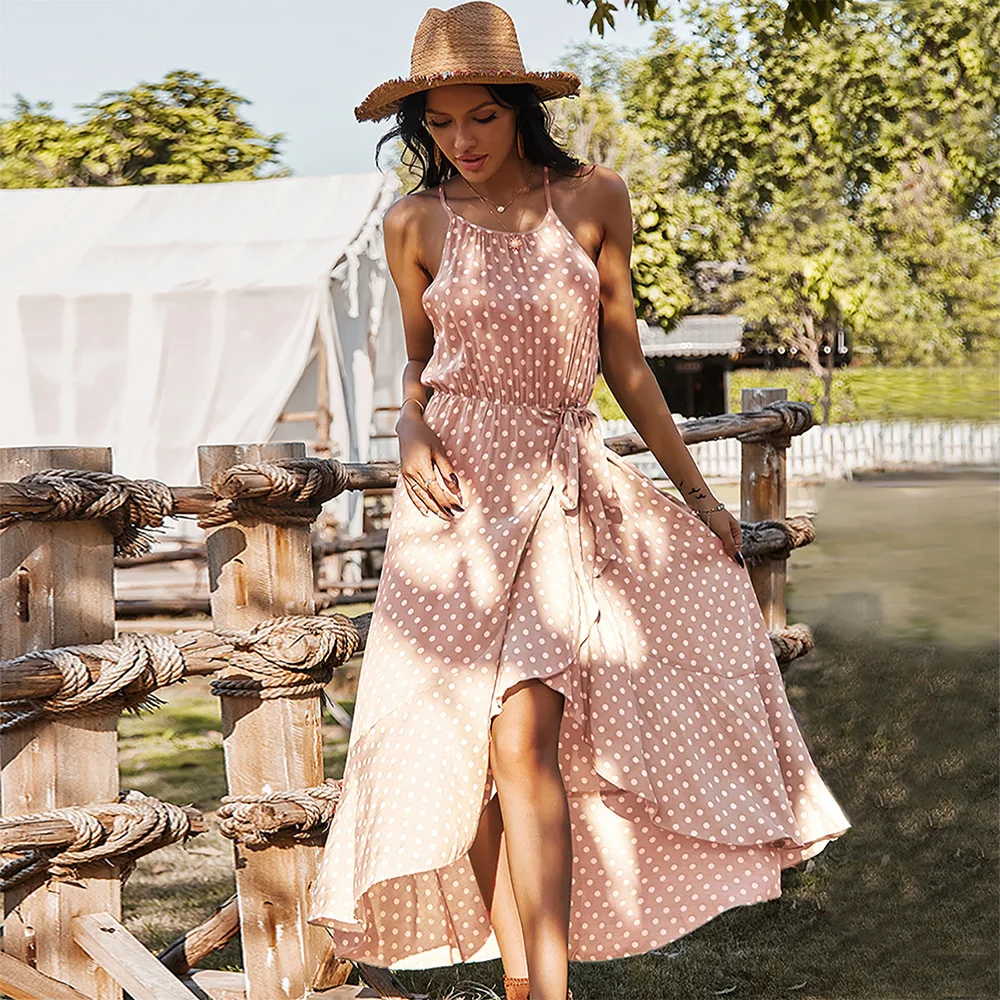 

Ladies Sexy Sleeveless Dot Print Dress Women Backless High Waist Bohemian Party Long Summer Dress Women Sundress Vestidos Female