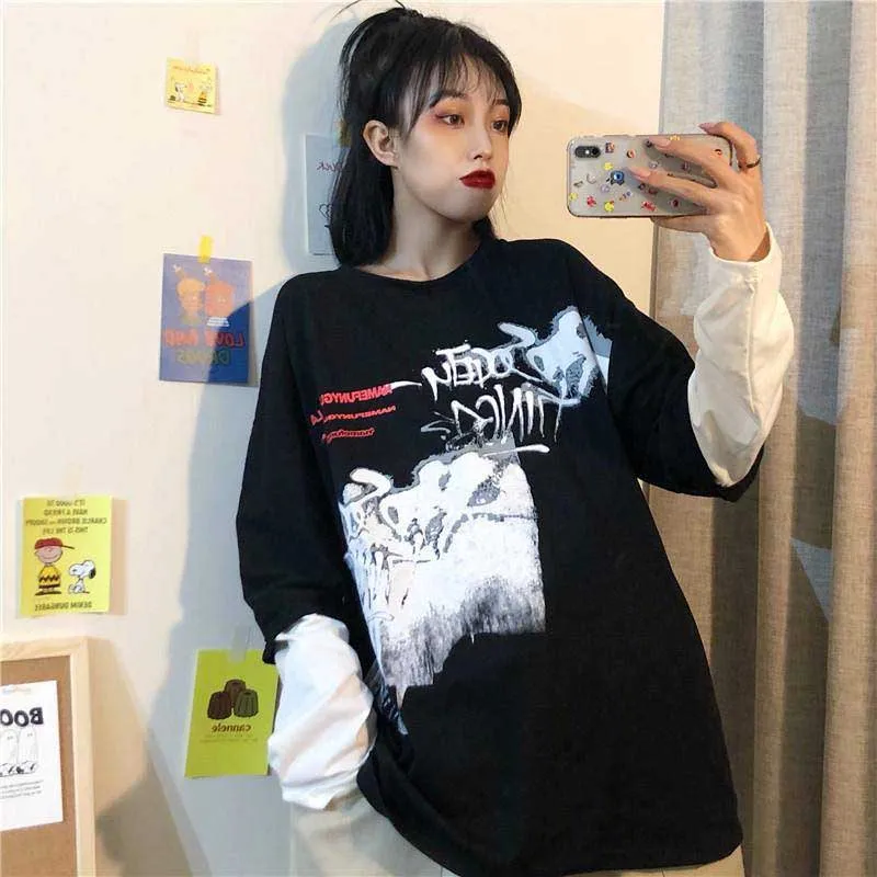 NiceMix Harajuku футболка женская поддельная 2 шт. принт японский Fujiang Ужасы комиксы длинный рукав рубашка Женская Vetement Femme