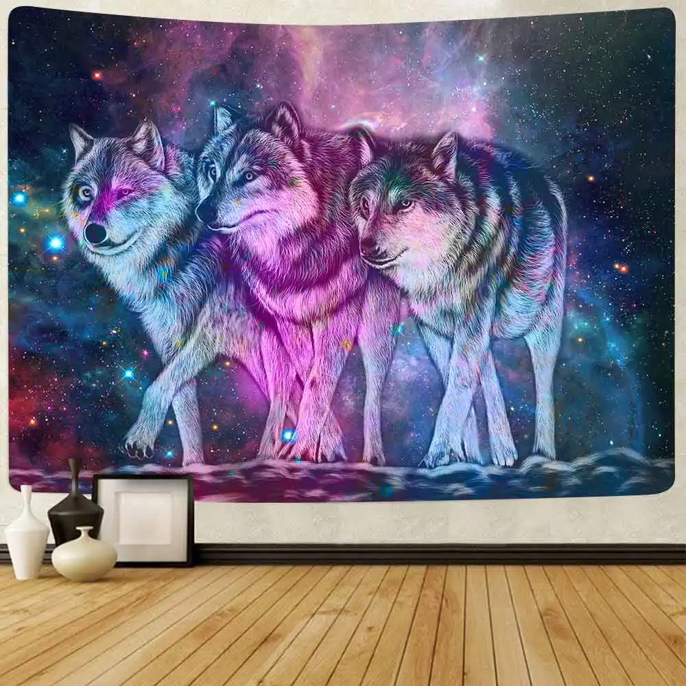 Гобелен simсант в стиле Триппи с изображением волка космическое звездное ночное