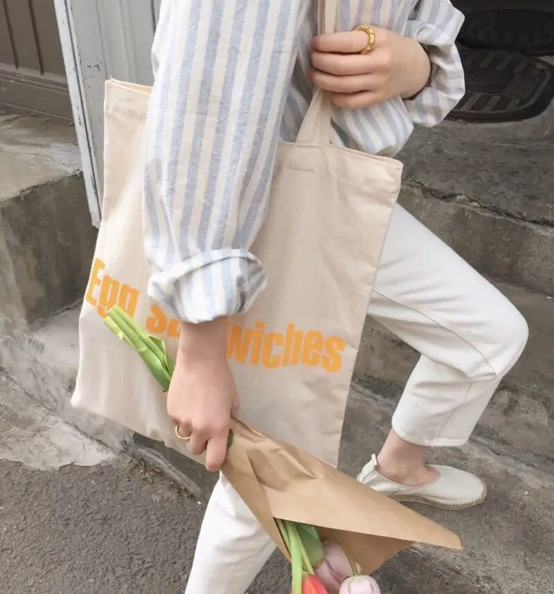 

Korea Letters Print Shoulder Canvas Bag Women Beige Cotton Cloth Shopper Bag Female Tote Handbag Large Shopping Bag For Girl
