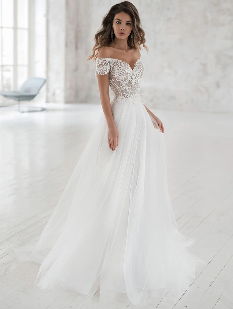 

Женское свадебное платье с открытыми плечами, элегантное ТРАПЕЦИЕВИДНОЕ кружевное платье невесты с аппликацией, индивидуальный пошив, 2021