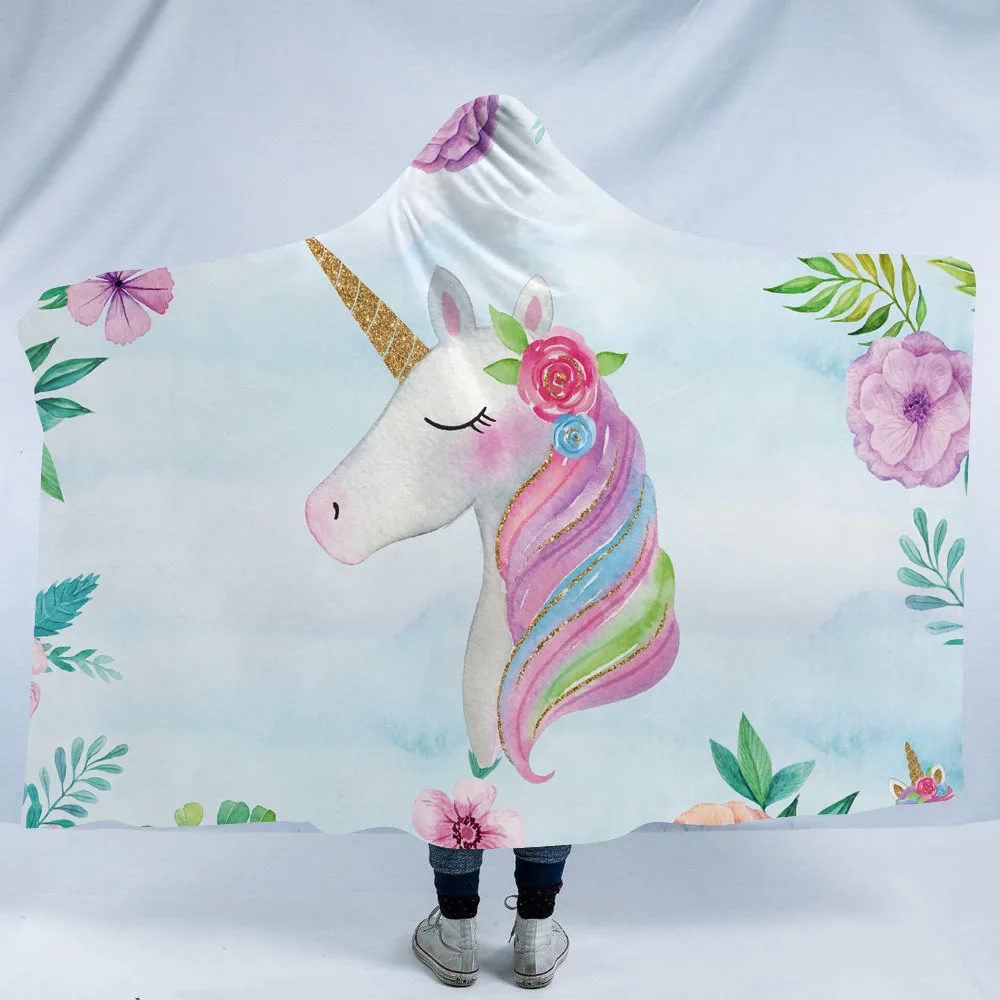 Unicorn Hooded Blanket For Adults Childs Cartoon 3D Printed Sherpa Fleece Blanket Microfiber Wearable Throw Blanket For Home Bed