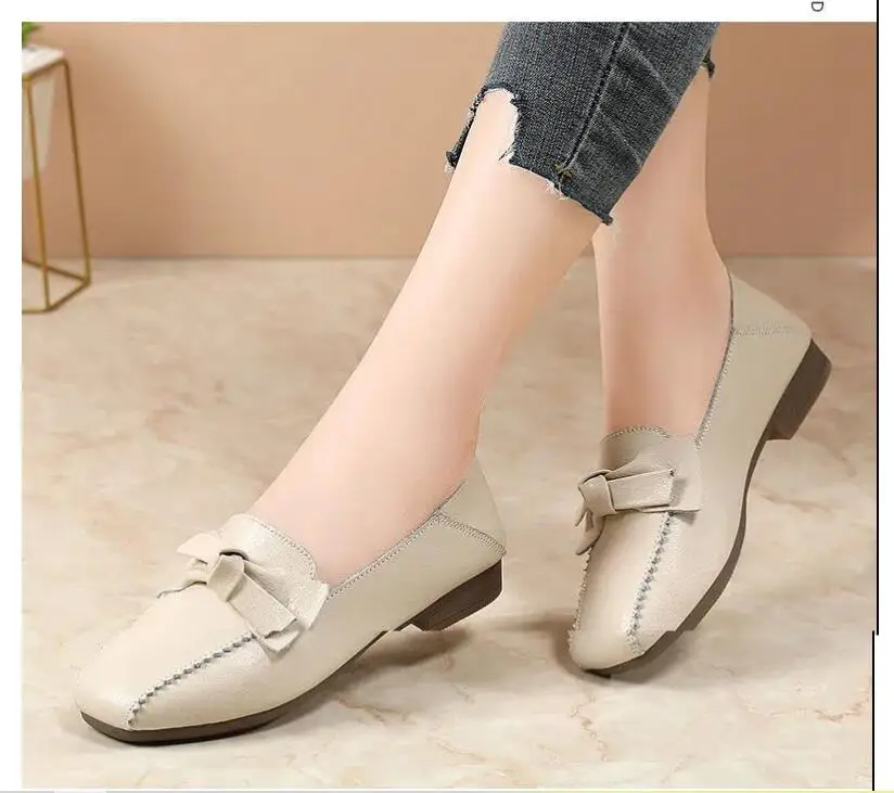 2021 new single shoes women's flat shoes mother leather shoes soft sole comfortable bow tendon sole peas shoes