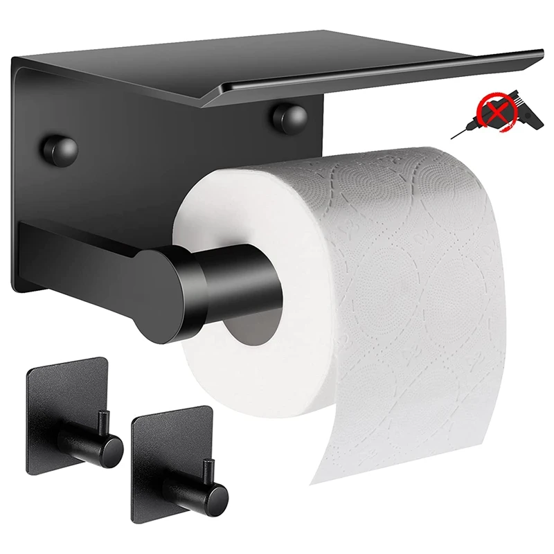 

New Toilet Paper Holder with Shelf + Towel Robe Hooks, Adhesive or Screw Wall Mounted Toilet Paper Roll Holder, Bathroom