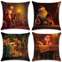 retro christmas santa claus pillowcase linen cushion cover zippered square pillow case for home car sofa decor gift 4545cm