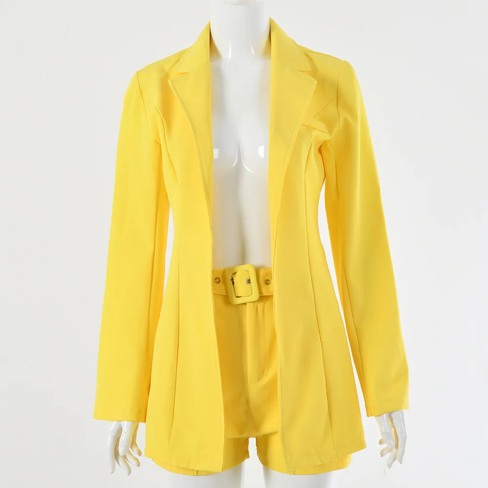 yellow suit Элегантный однотонный деловой женский костюм, повседневный блейзер с отложным воротником, топ, пальто с шортами, женские комплекты, сексуальный офисный комплект из двух предметов - Цвет: yellow suit