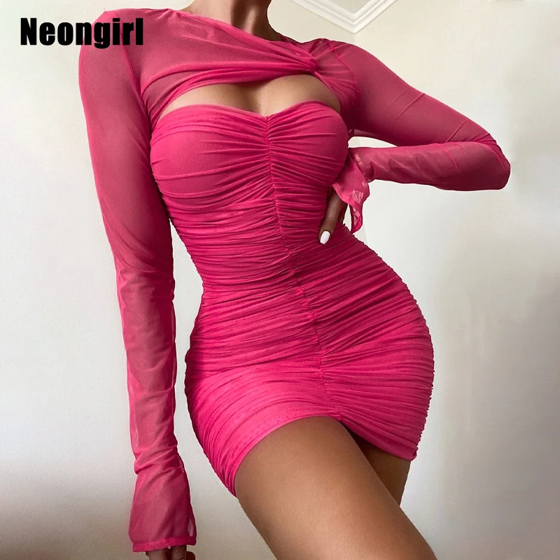 

Neongirl Mesh See Through Sexy Solid Ruched Long Slit Sleeve Wrap Sheath Skinny Fashion Clubwear Elegant Design Dress Women