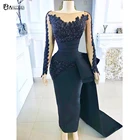 Женское вечернее платье с юбкой-годе, темно-синее кружевное платье с длинным рукавом и бусинами, лето 2021