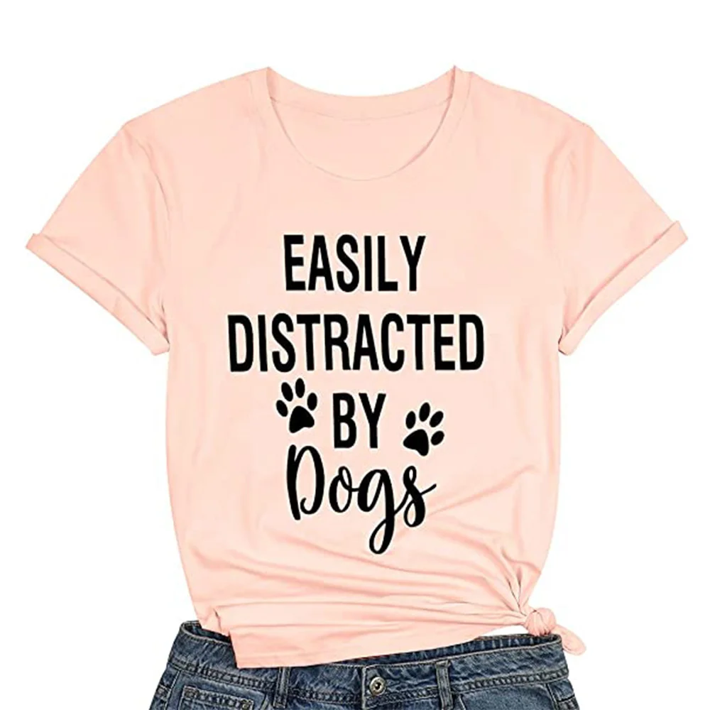 

Easily distracted by dogs dog paw print crew neck short sleeve T-shirt jyx341