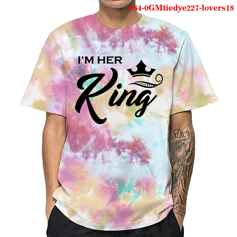 

Couple Summer Funny Couple Women T-Shirts KING QUEEN Letter Print T-shirts Couples Lovers Tie Dye Short Sleeve O Neck Tshirt Top
