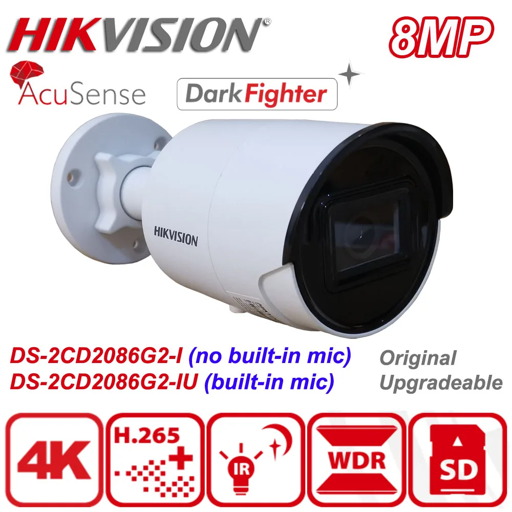 Оригинальный Hikvision DS 2CD2086G2 IU 8MP 4K POE ИК AcuSense Встроенный микрофон мини пуля IP CCTV