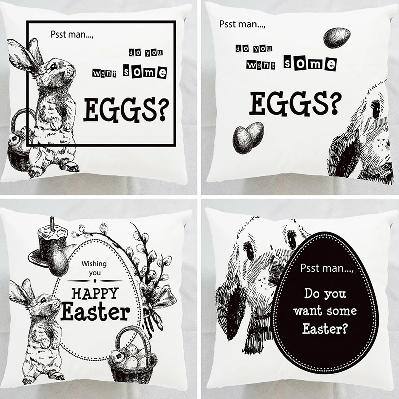 

4PCS Set Baby DIY Pillowcases Happy Easter Rabbit Cushion Cover Soft Letter Print Cotton Children's Gift Home Sofa Accessories