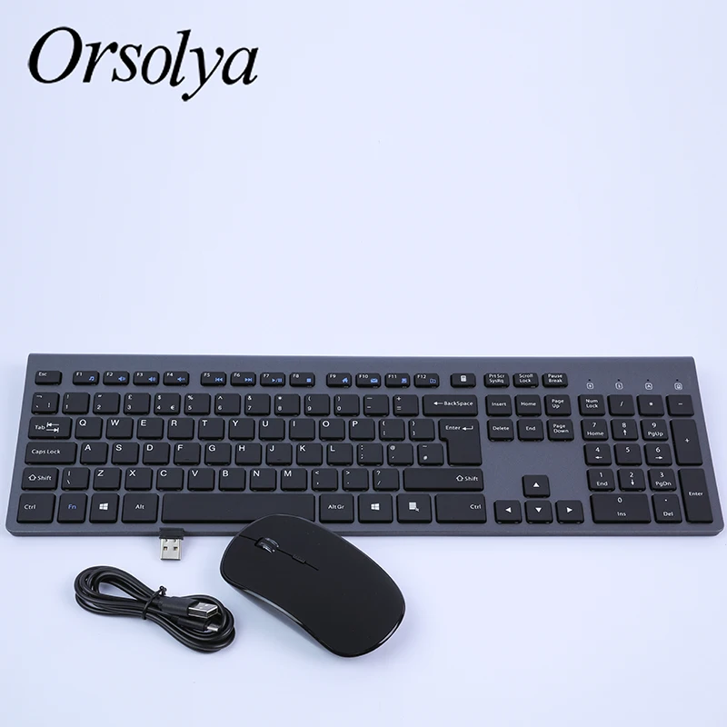 2,4G Беспроводная клавиатура и мышь комбо, Orsolya перезаряжаемый тихий полноразмерный для компьютера, ноутбука, настольного ПК, бесшумный серебристый+ белый