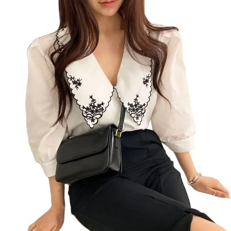 Женская рубашка с отложным воротником Классический Топ из полиэстера и хлопка в