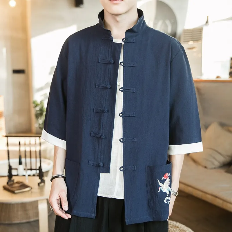 

#8104 Summer Cotton Linen Shirt Men Mandarin Collar Black Blue Grey Vintage Half Sleeve Shirt For Men Front Buttons Embroidery