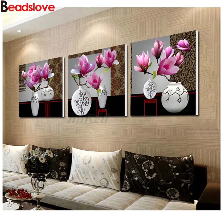 DIY Diamond Painting beautiful Magnolia landscape diamond Embroidery 5d mosaic needlework cross stitch 3 pcs room decor | Дом и сад