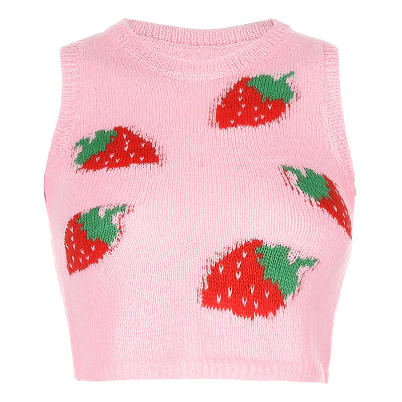

Pink Sweet Cute Sleeveless Sweater Vest Women Casual Autumn Strawberry Y2K Tank Knitted Crop Top Fashion Streetwear XT5193W0H