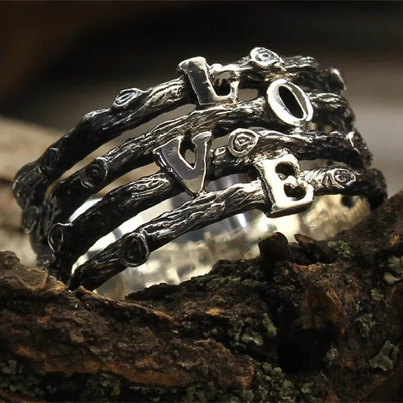 

Love Multi-layer Branches Ring Women's Vintage Silver English Alphabet Ring Birthday Ring Wedding Engagement Christmas Gift Ring
