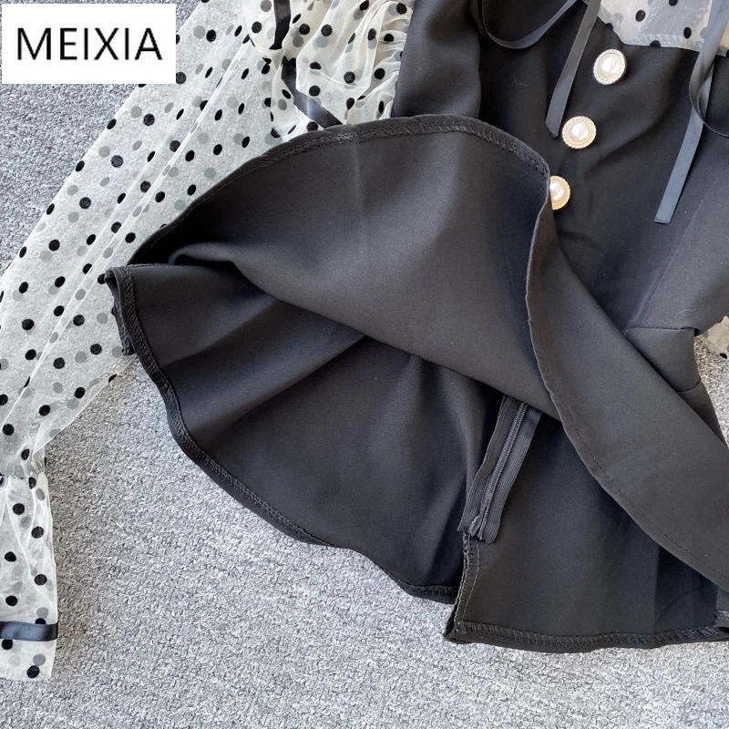 

Women's French Vintage Shirt Spring Autumn New Temperament Tops Wave Dot Mesh Patchwork Ruffled Flare Sleeve Shirt Tops