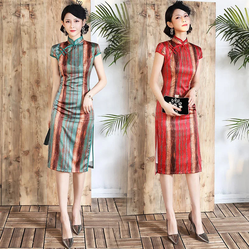

Женское шелковое платье-Ципао средней длины, повседневное приталенное традиционное китайское шелковое платье в полоску для молодых девуше...