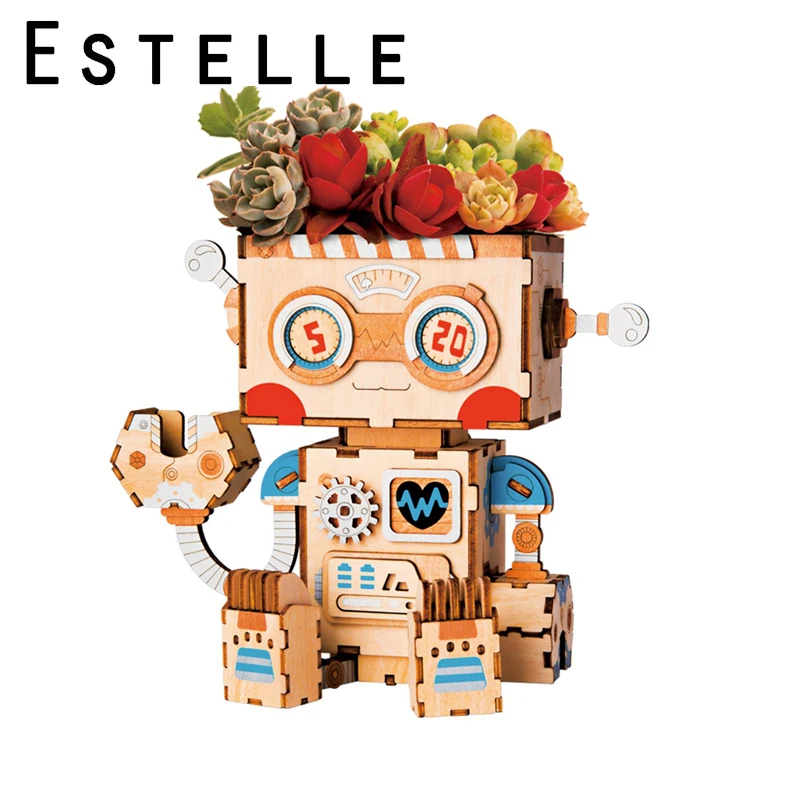 3D Деревянный робот игра головоломка Креативный цветочный горшок коробка для