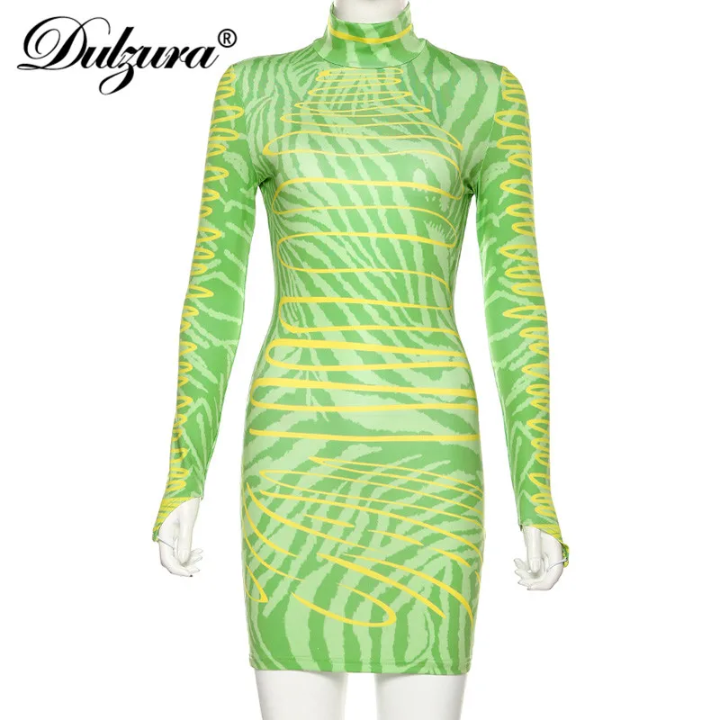 Dulzura zebra print women mini dress long sleeve bodycon sexy streetwear 2019 autumn winter party clothes clubwear outfit neon | Женская