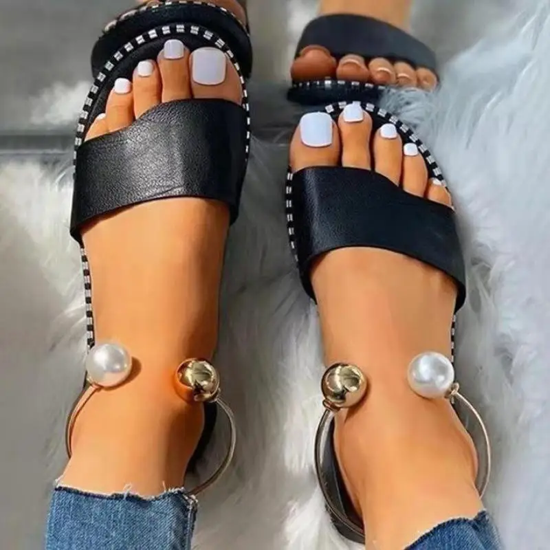 

2021 New Summer Women's Beaded Pearly Sandals Slippers Women's Women Flat Sandals Flip Flops Casual Flat Sling Sandals Ins