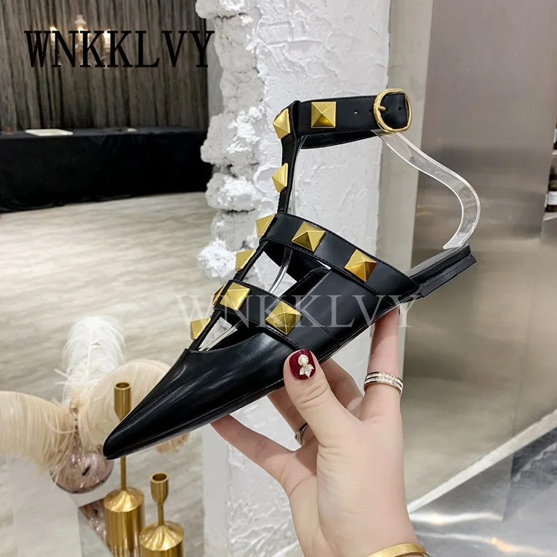 

2021 Summer flat gladiator sandals women real leather pointy toe rivet studded buckled ankle strap party vacation shoes girls
