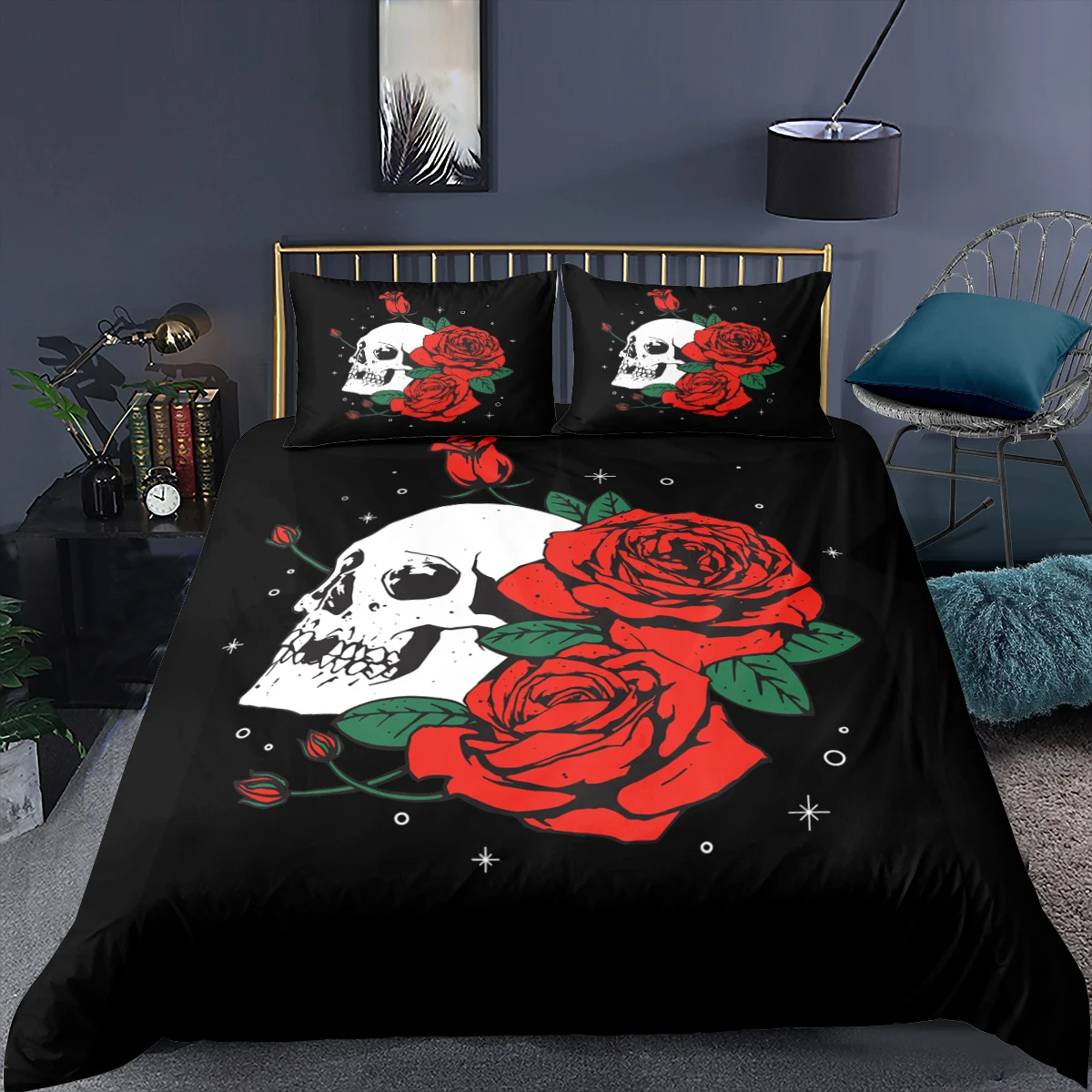 

Sugar Skulls With Rose Flower Printed Bedding Set Comforter Duvet Covers 150x200 Quilt Covers Pillowcase King Size Home Textiles
