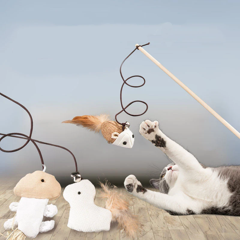 

Pet Cat Bell The Dangle Faux Mouse Feather Rod Roped Funny Fun Playing Toy Funny Fishing Rod Game Wand Feather Stick Toy For cat
