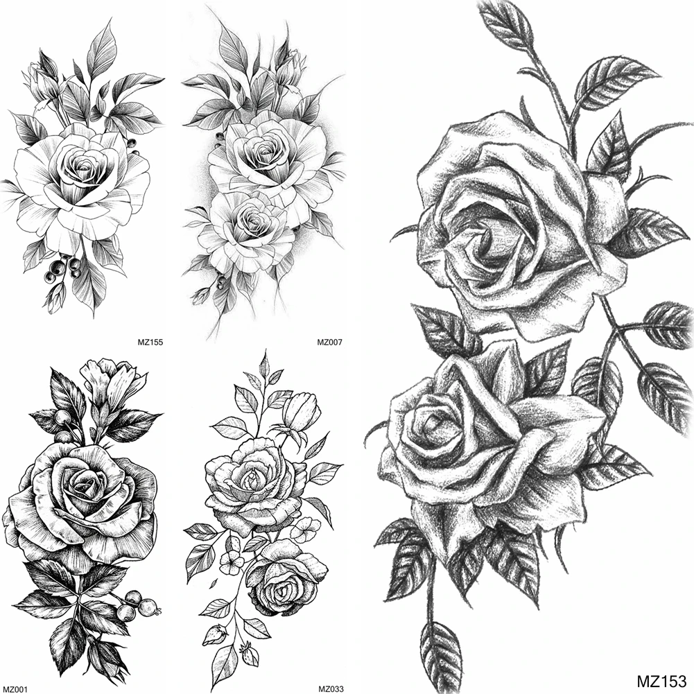 Sketch Flower Temporary Tattoos Sticker Waterproof Black Rose Tatoos Women's Fashion Body Art Arm Tatoos Decal For Adult