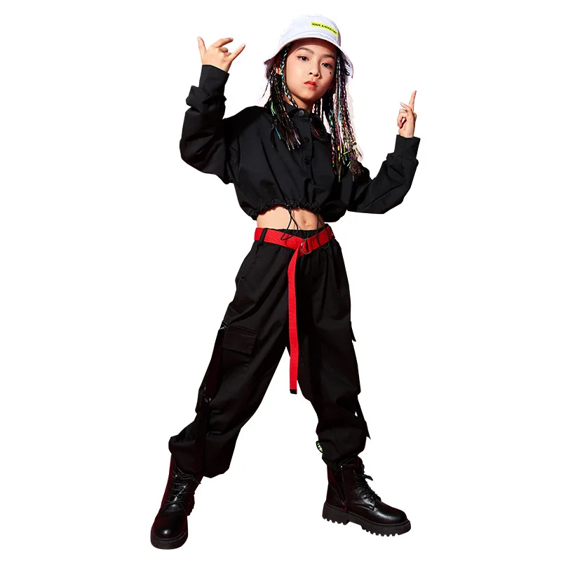 

Танцевальная одежда в стиле хип-хоп для девочек, костюм для уличных джазовых представлений, топы, брюки, черный костюм в стиле хип-хоп, подиу...