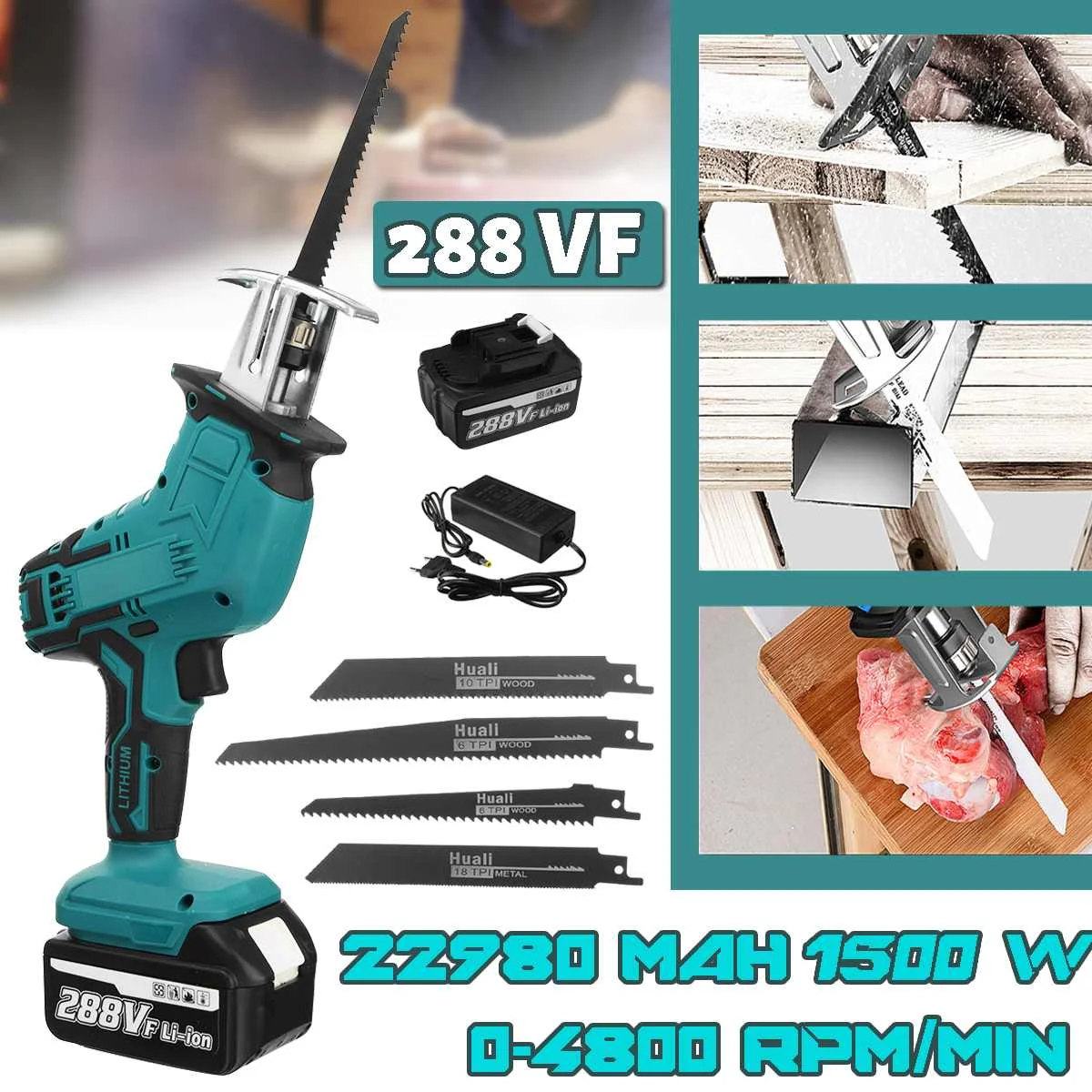 

NEW 288VF Cordless Reciprocating Saw With 4 Saw Blades Metal Cutting Wood Tool Portable Woodworking Cutters with 1/2 Batterys
