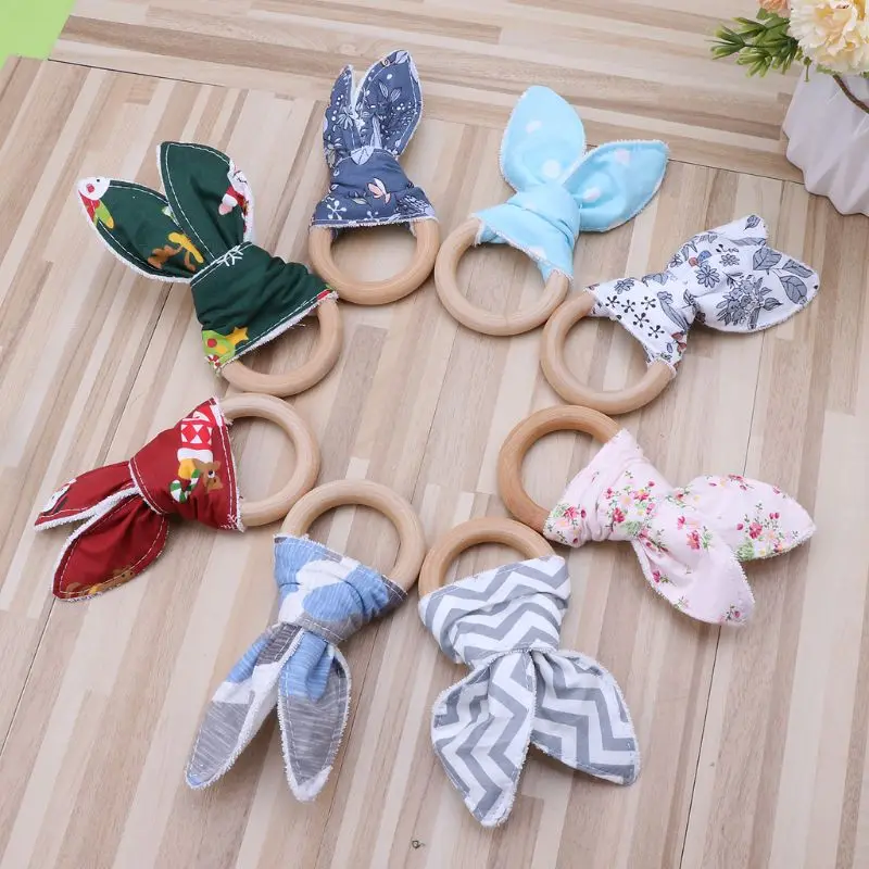 

Christmas Baby Bunny Ear Teething Ring Safety Wooden Chewie Teether For Children Kids Baby Care Accessory Shower Gifts Q1FE