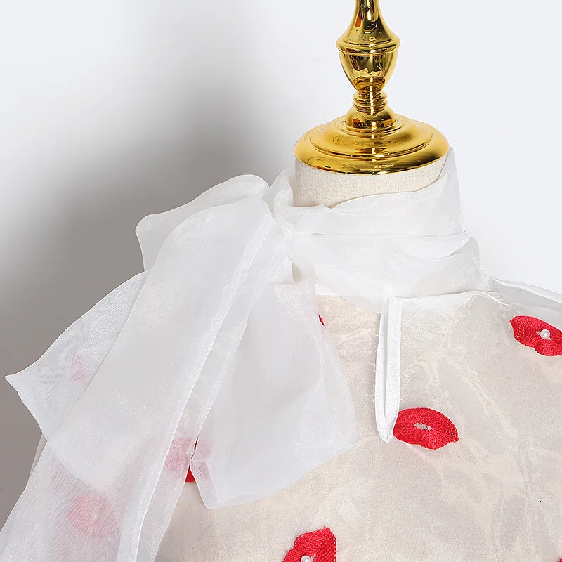 

Fall 2021 new red lip lantern sleeve embroidery lace organza shirts coat female