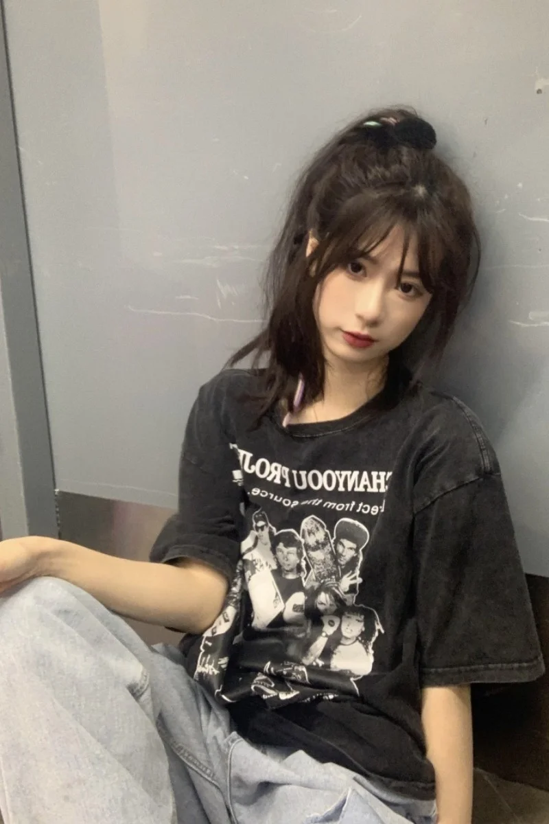 Ленивая крутая Повседневная футболка Корейская Yuansufeng лента с принтом черная