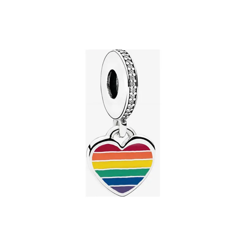 

100% 925 Sterling Silver Jewelry Rainbow Pride Dangle Charms heart Charm Fit Beads Bracelets Pendant Necklaces DIY For Women