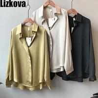 lizkova satin blouse women korean long sleeves v neck soft shirts 2021 spring elegant imitation silk tops