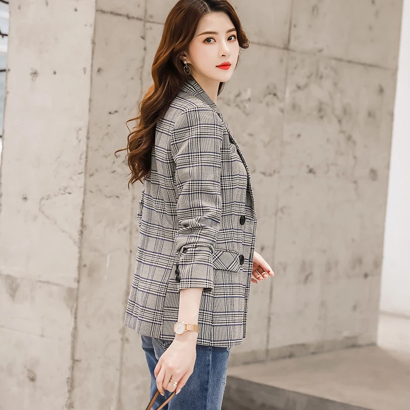 Женский двубортный пиджак Lenshin винтажное клетчатое пальто в английском стиле с